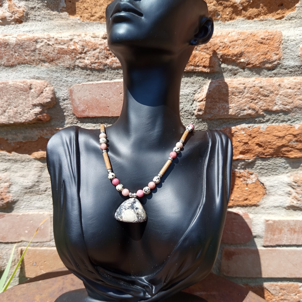 Collier en noisetier jaspe Dalmatien, rhodochrosite et jaspe Maligano