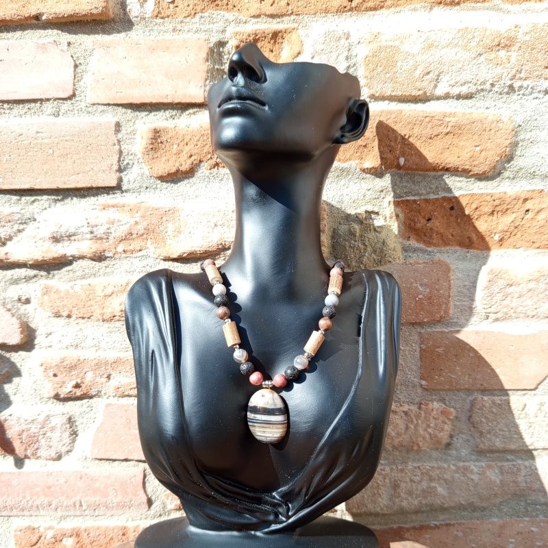 Collier en noisetier Agate Botswana Rhodonite anti stress